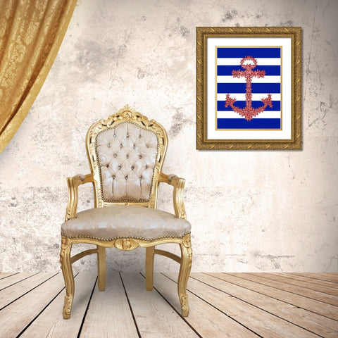 Red Starfish Anchor on Blue and White Gold Ornate Wood Framed Art Print with Double Matting by Fab Funky