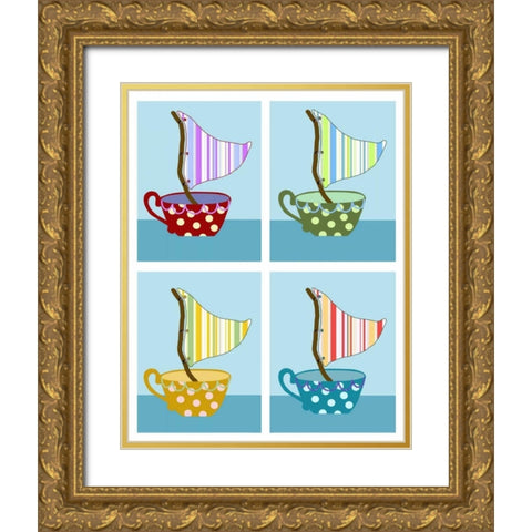 Teacups at sea Gold Ornate Wood Framed Art Print with Double Matting by Fab Funky
