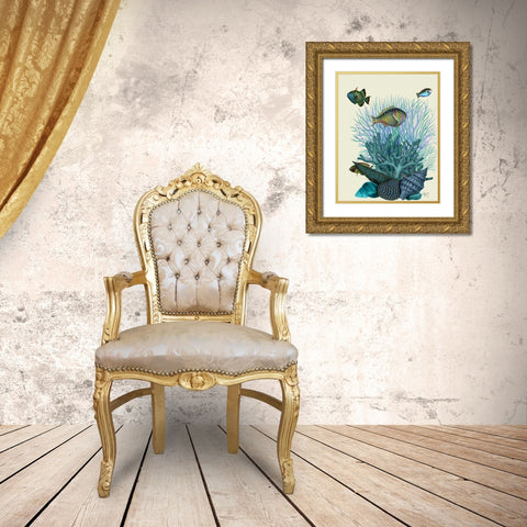 Fish Blue Shells and Corals Gold Ornate Wood Framed Art Print with Double Matting by Fab Funky