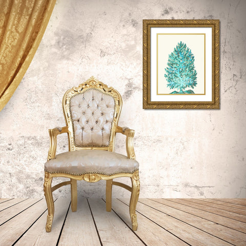 Coral Tree Turquoise on Cream Gold Ornate Wood Framed Art Print with Double Matting by Fab Funky