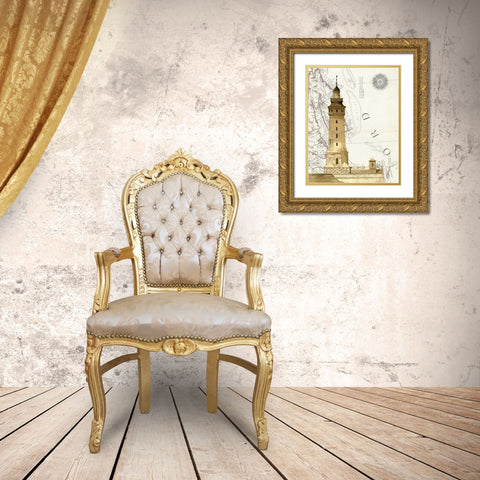 Lighthouse On Rock Gold Ornate Wood Framed Art Print with Double Matting by Fab Funky