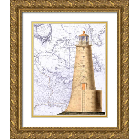 Lighthouse on Vintage Map Image Gold Ornate Wood Framed Art Print with Double Matting by Fab Funky