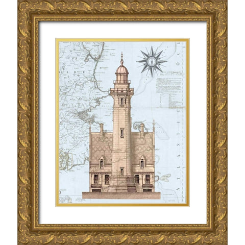 Lighthouse and House on Nautical Map Gold Ornate Wood Framed Art Print with Double Matting by Fab Funky