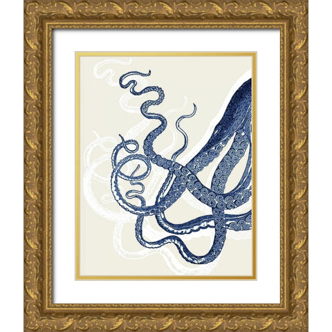 Octopus Print Blue on Cream a Gold Ornate Wood Framed Art Print with Double Matting by Fab Funky