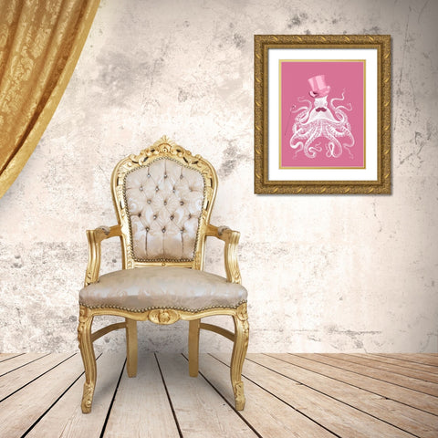 Octopus White on Pink a Gold Ornate Wood Framed Art Print with Double Matting by Fab Funky