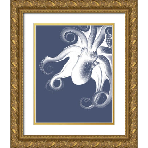 White Octopus on Indigo Blue f Gold Ornate Wood Framed Art Print with Double Matting by Fab Funky