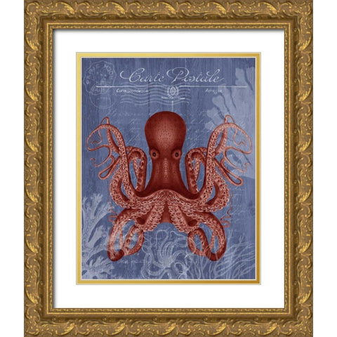 Seaside Postcard Red on Blue c Gold Ornate Wood Framed Art Print with Double Matting by Fab Funky