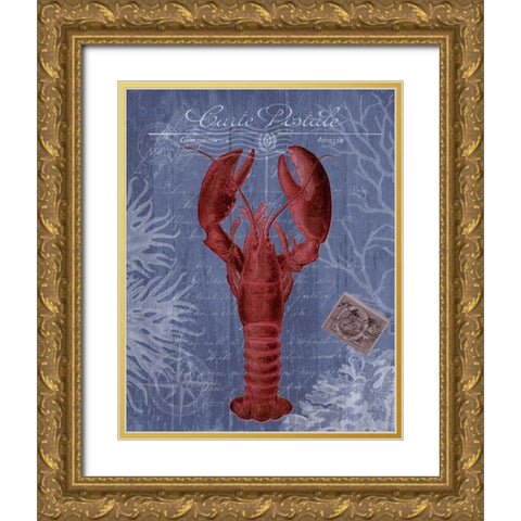 Seaside Postcard Red on Blue d Gold Ornate Wood Framed Art Print with Double Matting by Fab Funky