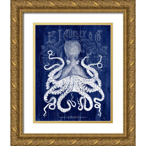 Octopus Prohibition Octopus On Blue Gold Ornate Wood Framed Art Print with Double Matting by Fab Funky