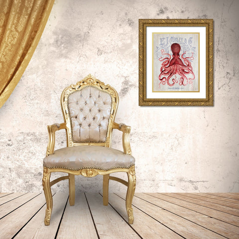 Octopus Prohibition Octopus On White Gold Ornate Wood Framed Art Print with Double Matting by Fab Funky