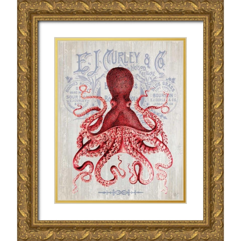 Octopus Prohibition Octopus On White Gold Ornate Wood Framed Art Print with Double Matting by Fab Funky