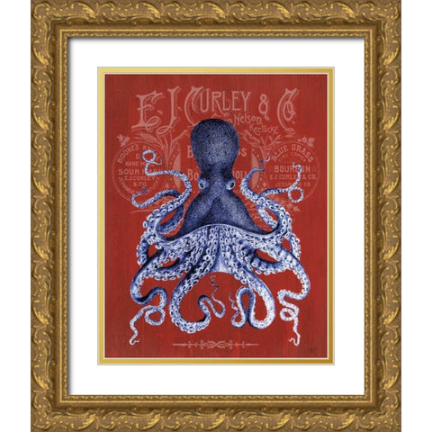 Octopus Prohibition Octopus On Red Gold Ornate Wood Framed Art Print with Double Matting by Fab Funky