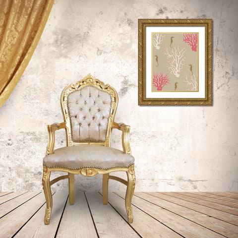 Coral and Seahorse in Beige Gold Ornate Wood Framed Art Print with Double Matting by Fab Funky