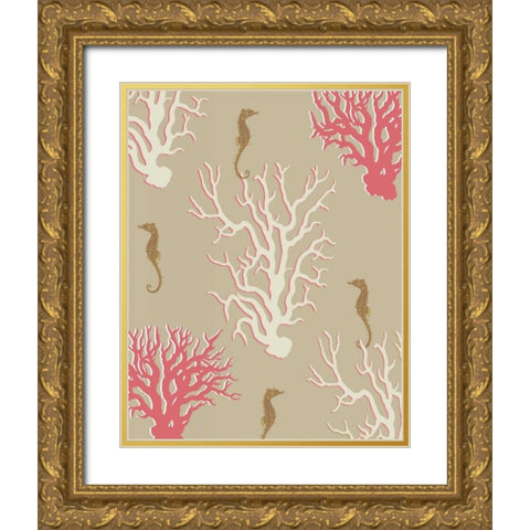 Coral and Seahorse in Beige Gold Ornate Wood Framed Art Print with Double Matting by Fab Funky