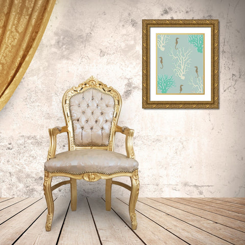 Coral and Seahorse in Seafoam Gold Ornate Wood Framed Art Print with Double Matting by Fab Funky