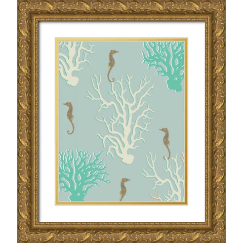 Coral and Seahorse in Seafoam Gold Ornate Wood Framed Art Print with Double Matting by Fab Funky