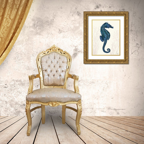 Blue Seahorses on Cream a Gold Ornate Wood Framed Art Print with Double Matting by Fab Funky