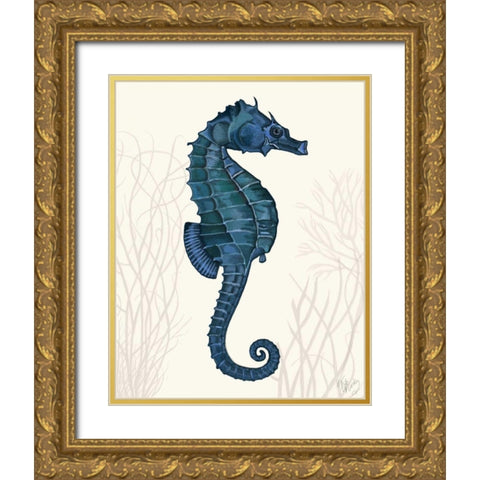 Blue Seahorses on Cream a Gold Ornate Wood Framed Art Print with Double Matting by Fab Funky