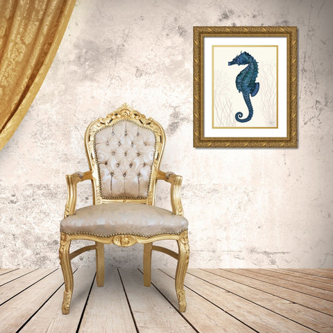 Blue Seahorses on Cream b Gold Ornate Wood Framed Art Print with Double Matting by Fab Funky