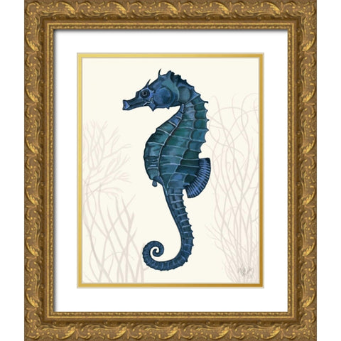 Blue Seahorses on Cream b Gold Ornate Wood Framed Art Print with Double Matting by Fab Funky