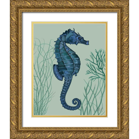 Blue Seahorses on Light Green Sage a Gold Ornate Wood Framed Art Print with Double Matting by Fab Funky