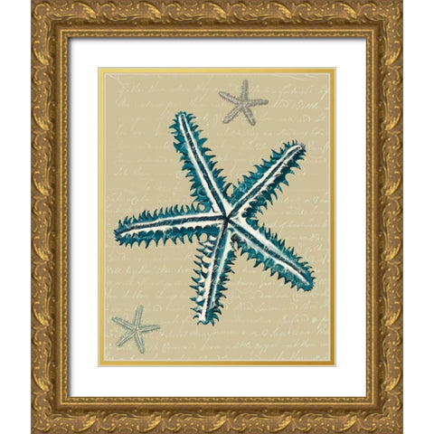 Blue Starfish on Taupe a Gold Ornate Wood Framed Art Print with Double Matting by Fab Funky