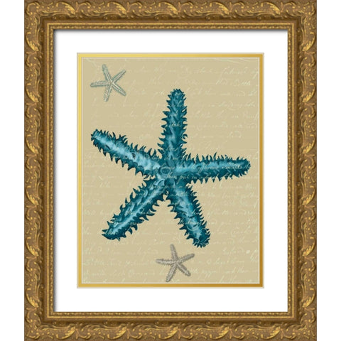 Blue Starfish on Taupe b Gold Ornate Wood Framed Art Print with Double Matting by Fab Funky
