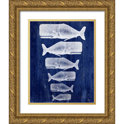 Whale Family White On Blue Gold Ornate Wood Framed Art Print with Double Matting by Fab Funky