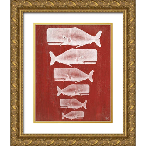 Whale Family White On Red Gold Ornate Wood Framed Art Print with Double Matting by Fab Funky
