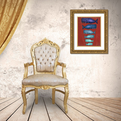 Whale Family Blue on Red Gold Ornate Wood Framed Art Print with Double Matting by Fab Funky