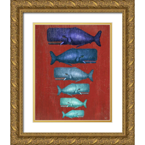 Whale Family Blue on Red Gold Ornate Wood Framed Art Print with Double Matting by Fab Funky
