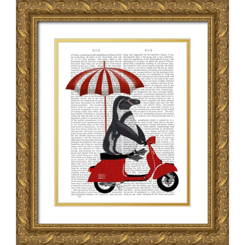 Penguin On Red Moped Gold Ornate Wood Framed Art Print with Double Matting by Fab Funky