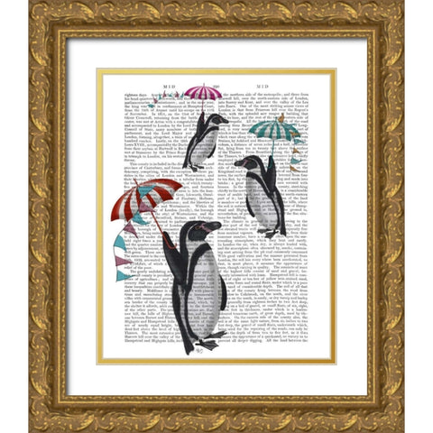 Floating Penguins Gold Ornate Wood Framed Art Print with Double Matting by Fab Funky