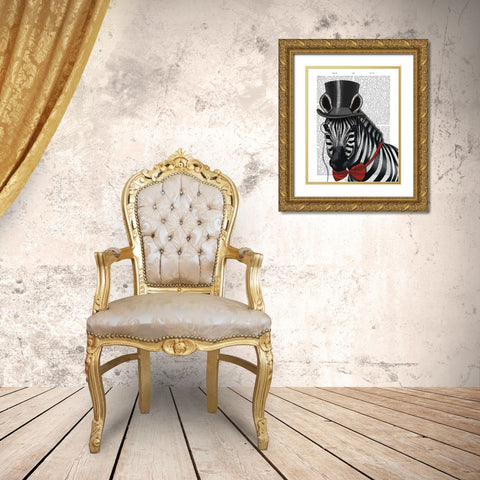 Zebra with Top Hat and Bow Tie 1, Sideways Gold Ornate Wood Framed Art Print with Double Matting by Fab Funky