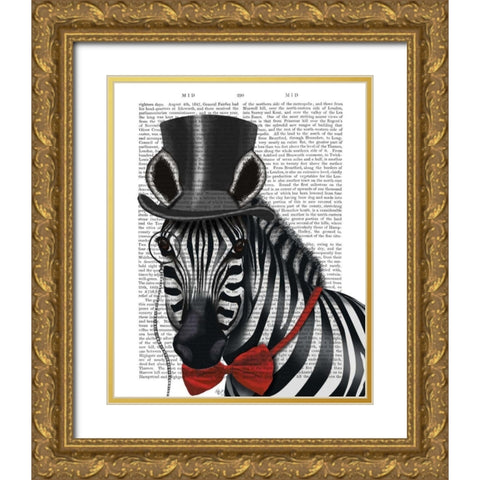 Zebra with Top Hat and Bow Tie 1, Sideways Gold Ornate Wood Framed Art Print with Double Matting by Fab Funky