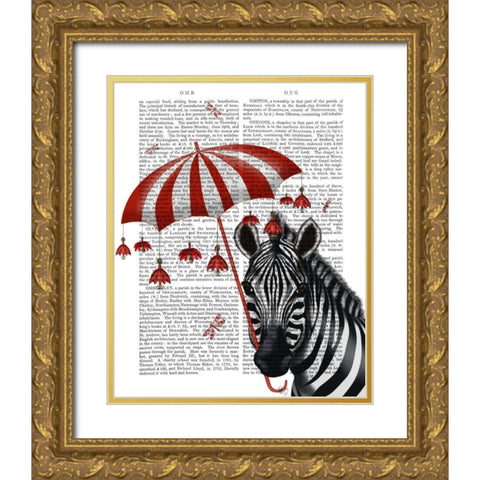 Zebra with Umbrella 1, Sideways Gold Ornate Wood Framed Art Print with Double Matting by Fab Funky