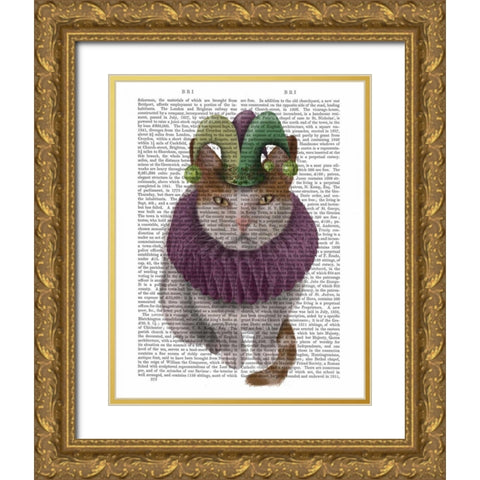 Cat, White with Jester Hat Gold Ornate Wood Framed Art Print with Double Matting by Fab Funky