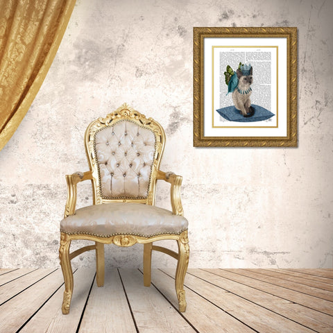 Cat with Blue Butterfly Wings Gold Ornate Wood Framed Art Print with Double Matting by Fab Funky
