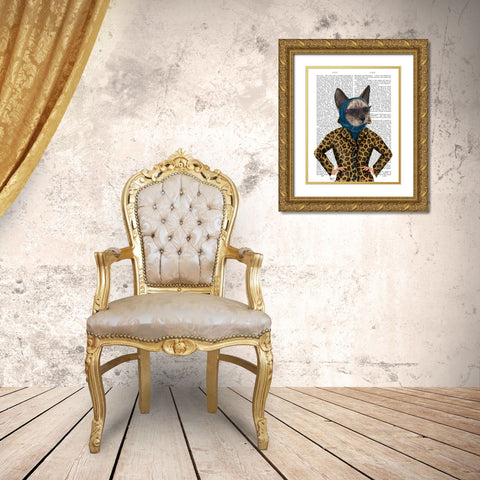 Cat with Leopard Jacket Gold Ornate Wood Framed Art Print with Double Matting by Fab Funky