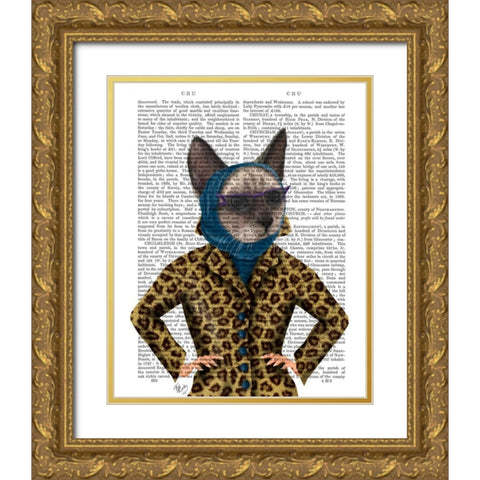 Cat with Leopard Jacket Gold Ornate Wood Framed Art Print with Double Matting by Fab Funky