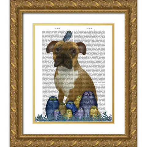 Boxer and Owls Gold Ornate Wood Framed Art Print with Double Matting by Fab Funky