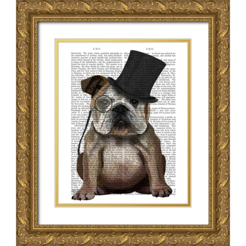 English Bulldog, Formal Hound and Hat Gold Ornate Wood Framed Art Print with Double Matting by Fab Funky
