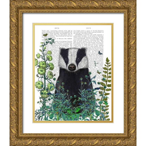 Badger In The Garden Gold Ornate Wood Framed Art Print with Double Matting by Fab Funky