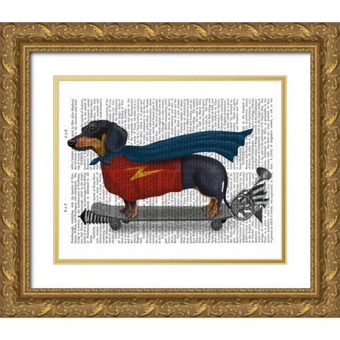 Dachshund On Skateboard Gold Ornate Wood Framed Art Print with Double Matting by Fab Funky