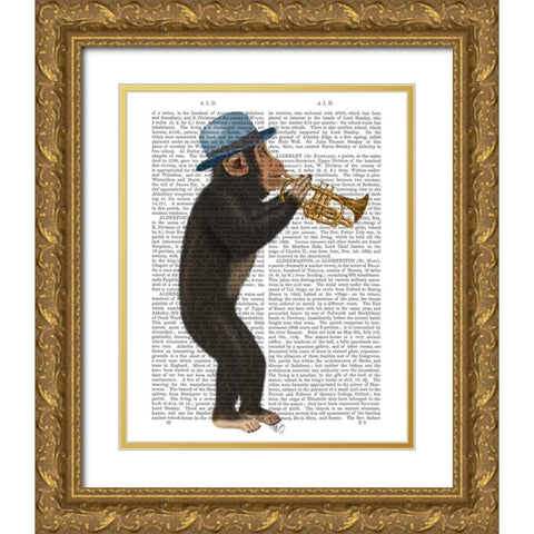 Monkey Playing Trumpet with Blue Hat Gold Ornate Wood Framed Art Print with Double Matting by Fab Funky