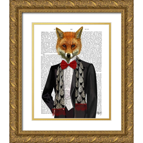 Fox with Red Bow Tie Gold Ornate Wood Framed Art Print with Double Matting by Fab Funky