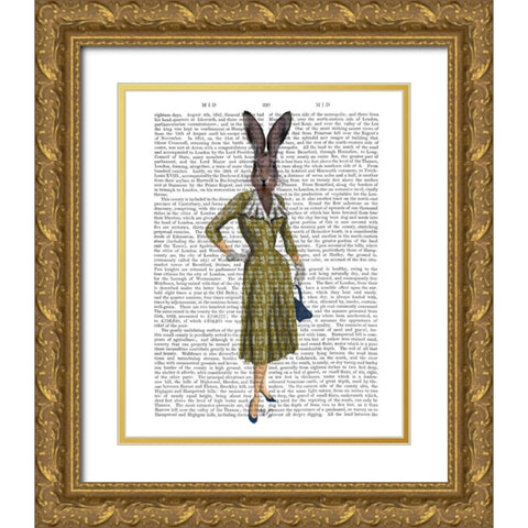 Rabbit In Mustard Dress Gold Ornate Wood Framed Art Print with Double Matting by Fab Funky