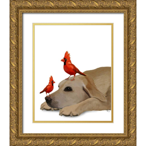 Labrador with Red Birds Gold Ornate Wood Framed Art Print with Double Matting by Fab Funky