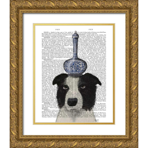 Border Collie with Blue Vase Gold Ornate Wood Framed Art Print with Double Matting by Fab Funky