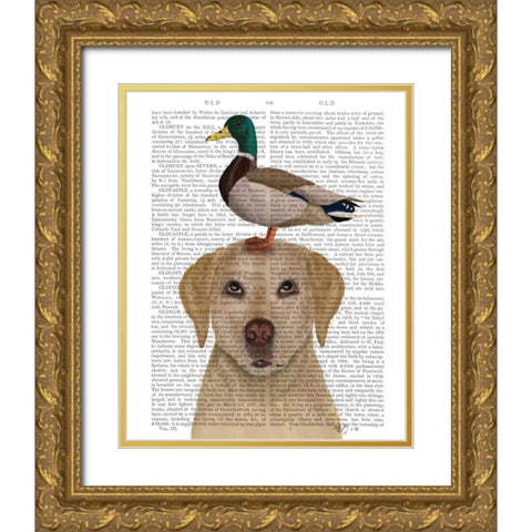 Labrador and Duck Gold Ornate Wood Framed Art Print with Double Matting by Fab Funky